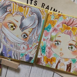 おばみつ♥ 豆色紙 手描き イラスト 鬼滅の刃 ファンアート 手書き 甘露寺蜜璃(アート/写真)