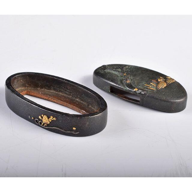 武具 刀装具 古銅彫金 鳥図 縁頭 時代箱付 V R3598 武具 刀装具 古銅彫金 鳥図 縁頭 時代箱付 V R3598