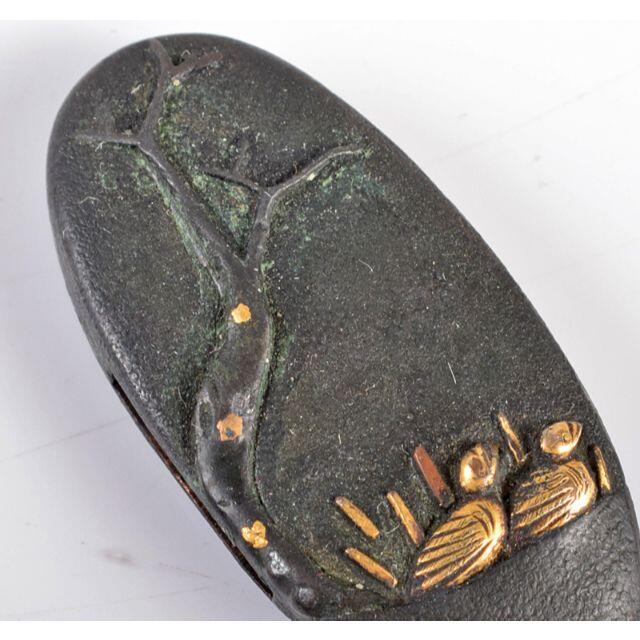 武具 刀装具 古銅彫金 鳥図 縁頭 時代箱付 V R3598 武具 刀装具 古銅彫金 鳥図 縁頭 時代箱付 V R3598