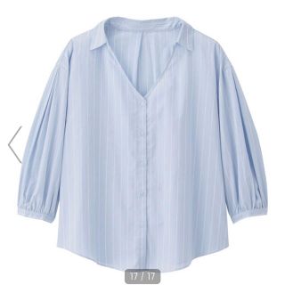 ジーユー(GU)のGU ストライプパフスリーブシャツ　ライトブルー　Mサイズ(シャツ/ブラウス(長袖/七分))