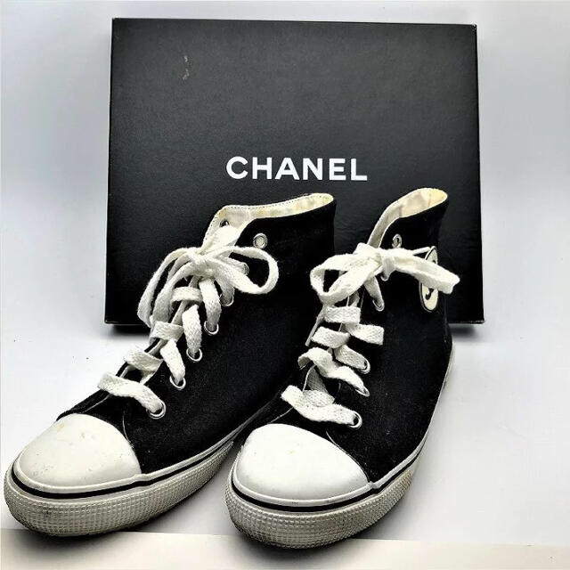シャネル CHANEL ヴィンテージ ハイカットスニーカー ココマーク 黒×白