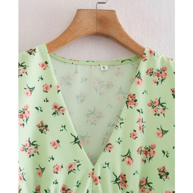 ZARA(ザラ)の🍀5月新作🎏4369◆green グリーン レトロ フラワー  花柄 ワンピース レディースのワンピース(ミニワンピース)の商品写真