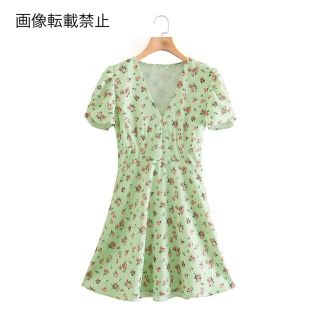 ザラ(ZARA)の🍀5月新作🎏4369◆green グリーン レトロ フラワー  花柄 ワンピース(ミニワンピース)