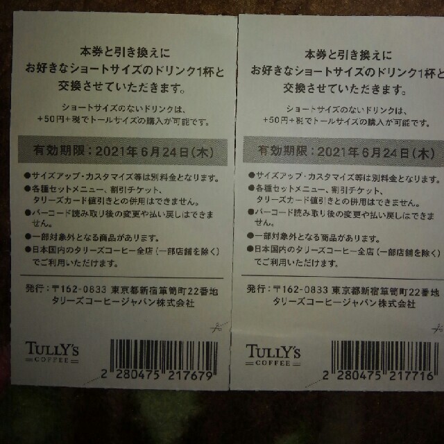 TULLY'S COFFEE(タリーズコーヒー)のタリーズドリンクチケット　2枚 チケットの優待券/割引券(フード/ドリンク券)の商品写真