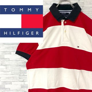 トミーヒルフィガー(TOMMY HILFIGER)の【人気】トミーヒルフィガー　半袖ポロシャツ　太ボーダー　ワンポイント刺繍ロゴ　Ｌ(ポロシャツ)