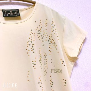 フェンディ(FENDI)のフェンディ　クリームカラーストレッチTシャツ　ラインストーン(Tシャツ(半袖/袖なし))