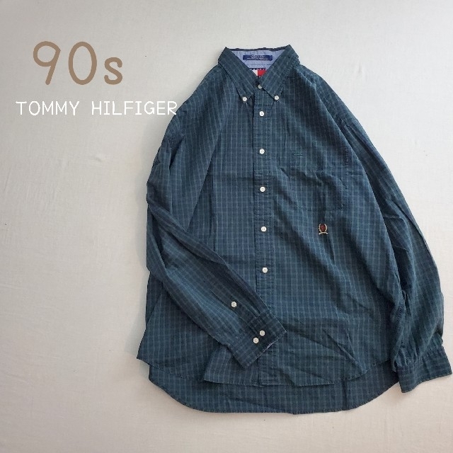 90s トミーヒルフィガー　グリーン　チェック　ワンポイント刺繍
