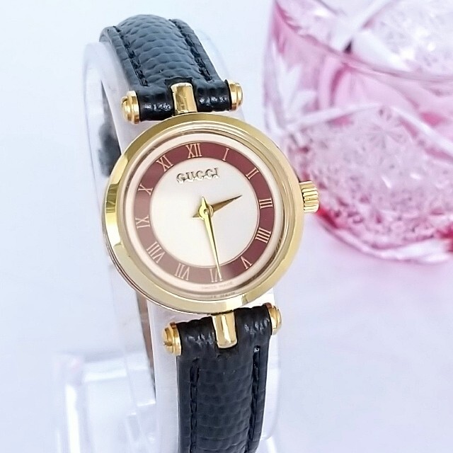 綺麗◾ガラス⭐綺麗　グッチ　シェリー　電池交換済み　ピンク×白　レディース腕時計　着物　美品