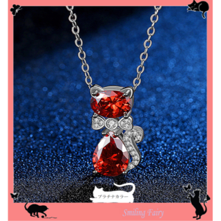 ⑱ 赤 誕生石 猫型 猫 ネックレス ペンダント 動物 猫 アクセサリー 雑貨(ネックレス)