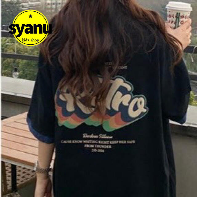 レトロオーバーサイズバックプリントレディースTシャツ 韓国オルチャン 黒MLXL レディースのトップス(Tシャツ(半袖/袖なし))の商品写真