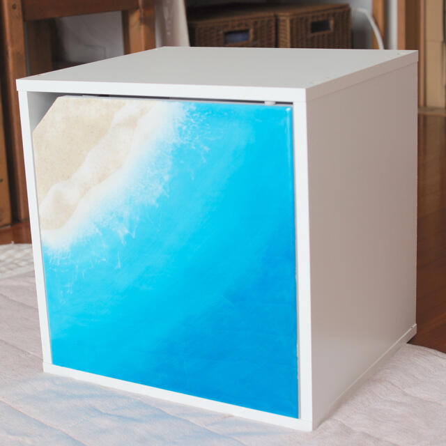 扉付き海の収納ボックス(小さな海シリーズ)収納家具　レジンアート　石垣ブルー