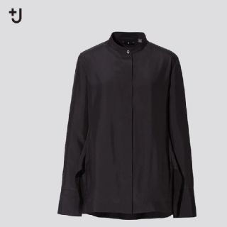 ユニクロ(UNIQLO)のユニクロ　ジルサンダー　+J シルクスタンドカラーシャツ　黒L(シャツ/ブラウス(半袖/袖なし))