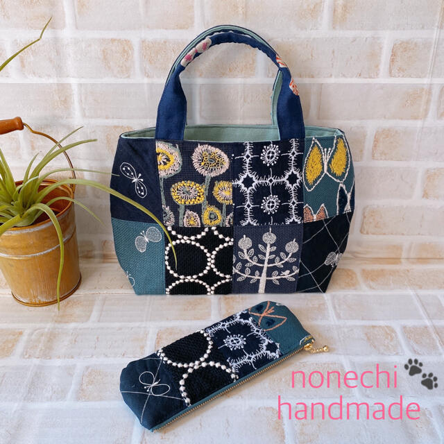ブルー×レッド ミナペルホネン ハンドメイド パニーニ型 ミニトート ...