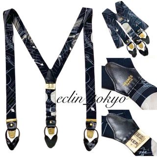 HERMES エルメス サスペンダー シルク 総柄 ゴールド金具 110