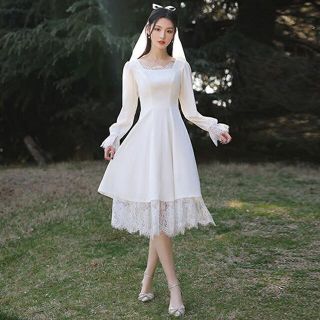 ウエディングドレス Aライン 長袖 スクエアネック スリム 結婚式の通販 ...