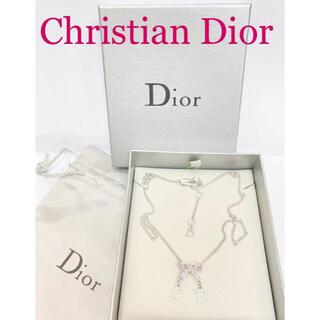 クリスチャンディオール(Christian Dior)の未使用美品◆ディオール ネックレス リボン CD ピンクストーン 銀色★107(ネックレス)