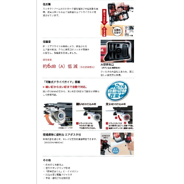 Makita(マキタ)の新品　マキタ　50mm高圧エアー釘打機  AN533H(赤)エアダスタ付ケース付 スポーツ/アウトドアの自転車(工具/メンテナンス)の商品写真