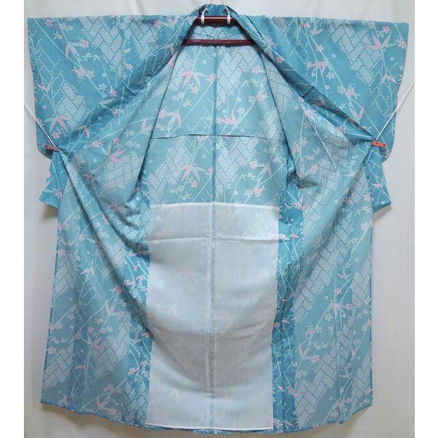夏着物　水色に笹と桜　洗える小紋 レディースの水着/浴衣(着物)の商品写真