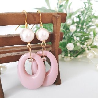 くすみピンクオーバル×コットンpearlピアス(イヤリング)