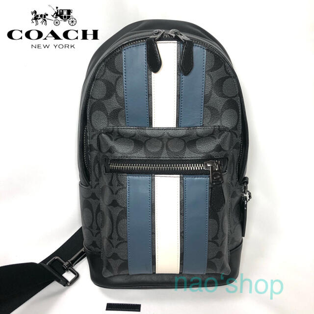 ボディバッグ本物【新品】COACH メンズ ボディバッグ ストライプ シグネチャー ブラック