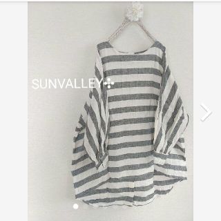 サンバレー(SUNVALLEY)の30日までセール☆サンバレー麻綿バックボタンワイド身幅ボーダープルオーバー(シャツ/ブラウス(長袖/七分))