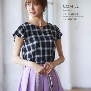 トッコ(tocco)の売り切り♡新品♡トッコ♡V字スリットゴールドバー付きチェック柄ブラウス♡ブラック(シャツ/ブラウス(半袖/袖なし))