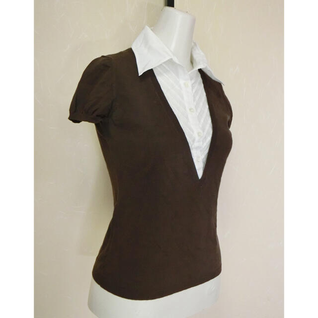 UNTITLED(アンタイトル)のUNTITLED アンタイトル　こげ茶のニットでシャツ付きの半袖セーター 2 レディースのトップス(ニット/セーター)の商品写真