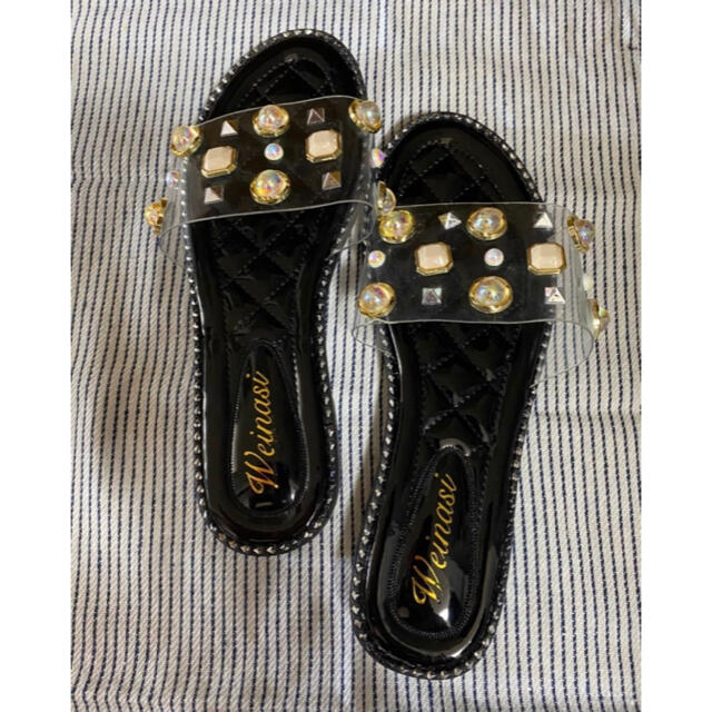 【SALE】ビジューサンダル ブラック38 パール 透明 フラットクリアサンダル レディースの靴/シューズ(サンダル)の商品写真