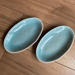 新品　2枚セット　リネン　貫入　ブルー　楕円　和食器　取り皿　小皿　リネン(食器)