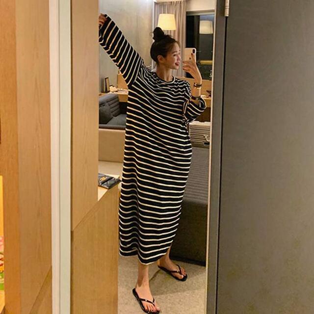 ストライプ サイドスリット ゆったり オーバーサイズ 長袖 妊婦服