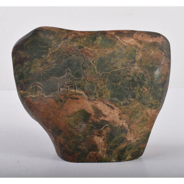 中国 玉石緑石彫刻 山水刻 置物 時代箱付 M R3632 中国 玉石緑石彫刻 山水刻 置物 時代箱付 M R3632