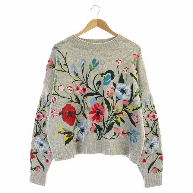 ザラ 花柄刺繍 ニット セーター プルオーバー ウール混 オーバーサイズ 長袖