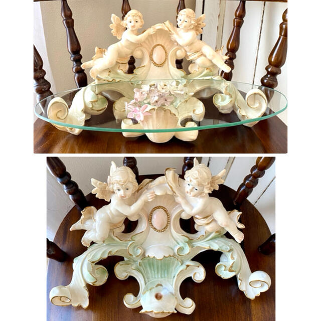 天使と硝子のディスプレイテーブル　インポート　フレンチ　ロココ　飾り棚　オブジェ
