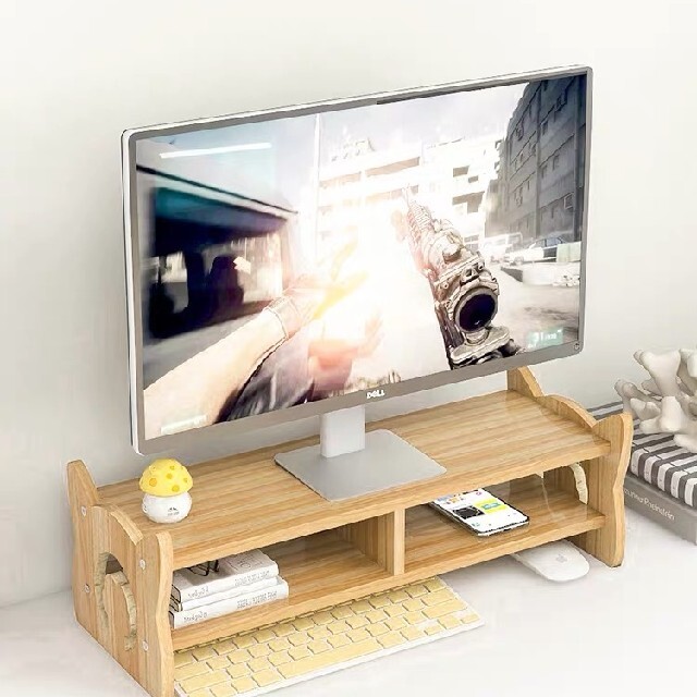 新品 薄型 木製 無垢 PC モニタースタンド 机上台 キーボード収納 インテリア/住まい/日用品の収納家具(棚/ラック/タンス)の商品写真