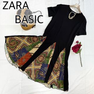 ザラ(ZARA)の【即完売品】ザラ ZARA スカーフ柄 半袖 ドッキングワンピース 黒 L(ひざ丈ワンピース)