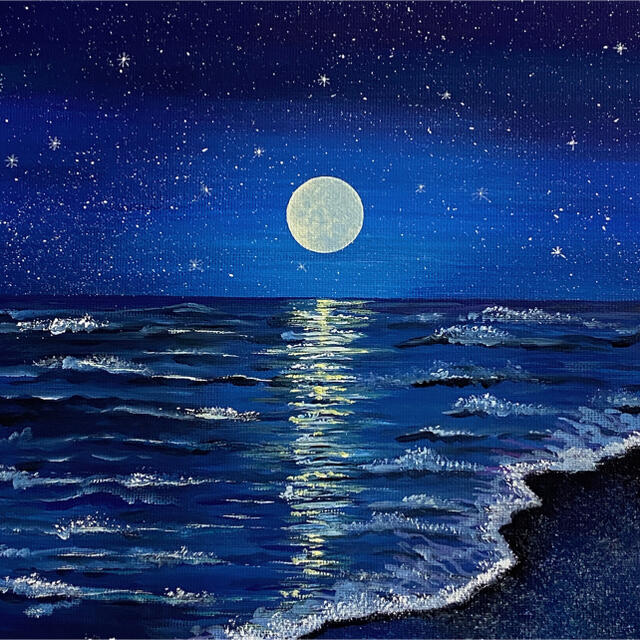 【満月と海】アクリル画 キャンバスF3 （mimi様専用です)