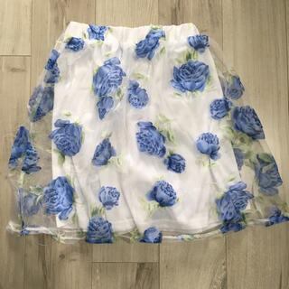 グレイル(GRL)のブルー花柄オーガンジーフレアスカート(ひざ丈スカート)
