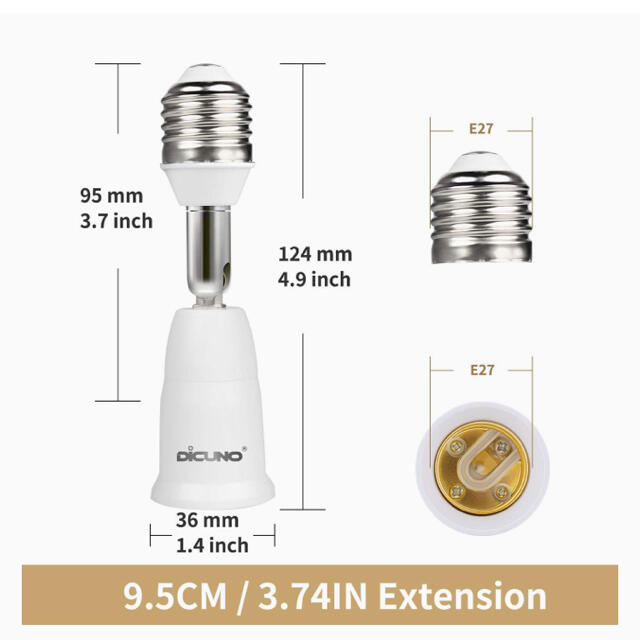 DiCUNO E26→E26 延長ソケット 角度可調 約9.5CM延長2個組 インテリア/住まい/日用品のライト/照明/LED(蛍光灯/電球)の商品写真