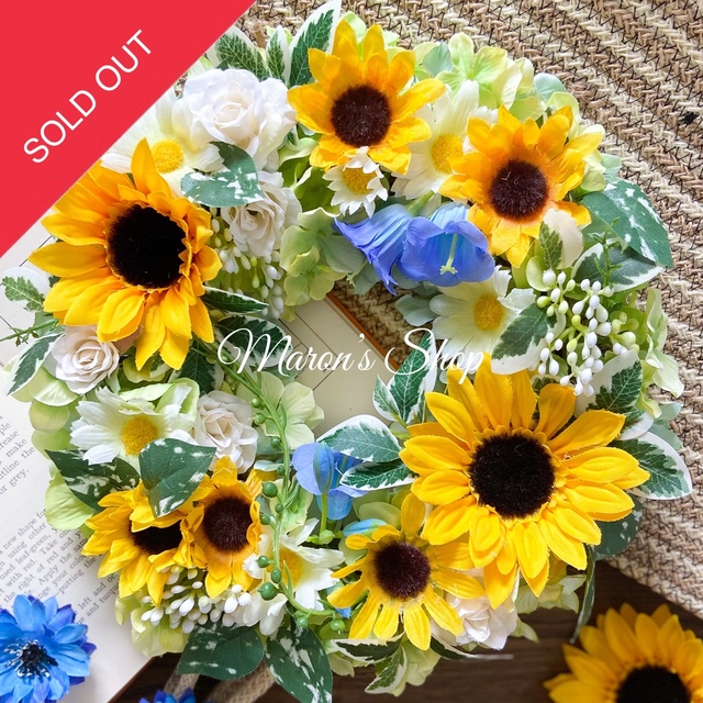 プレゼント専用⭐︎フラワーリース⭐︎ひまわり&紫陽花&青い風鈴草(27cm)