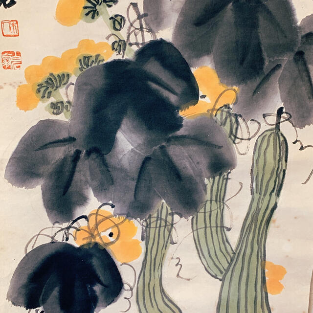 斉白石》中国近代絵画 花虫図 斉白石筆 捲り 肉筆 - 絵画