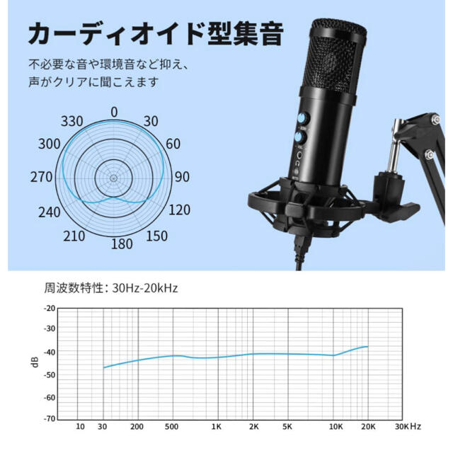 コンデンサーマイク USB マイク PC マイク カラオケマイク 単一指向性