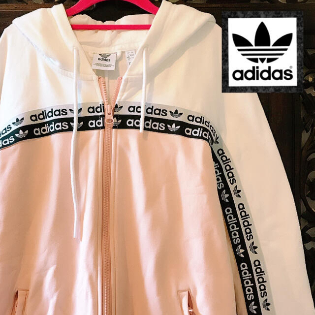 adidas(アディダス)のアディダス 新品 ピンク ロゴライン ジャージ トレーナー スウェット パーカー レディースのトップス(パーカー)の商品写真