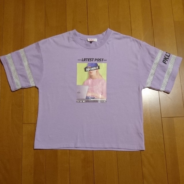 PINK-latte(ピンクラテ)のピンクラテ 転写袖すけライン Ｔシャツ XS150 キッズ/ベビー/マタニティのキッズ服女の子用(90cm~)(Tシャツ/カットソー)の商品写真