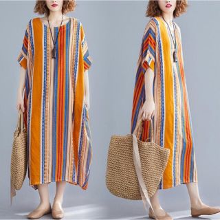 ★新品 ★ストライプワンピース オレンジ ビタミンカラー 夏(ロングワンピース/マキシワンピース)