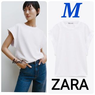 ザラ(ZARA)のZARA　(M　白)　リブ編みTシャツ(Tシャツ(半袖/袖なし))