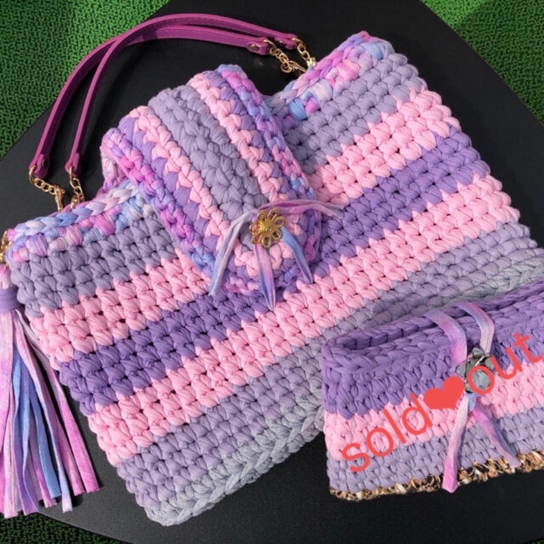 ズパゲッティ　バッグセット♡タッセル・持ち手付き　紫陽花カラー