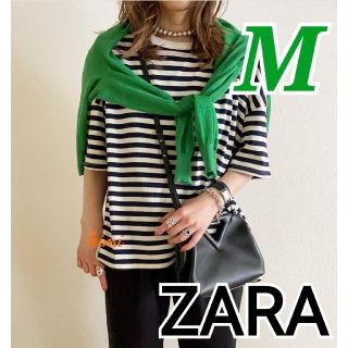 ザラ(ZARA)のZARA　(M)　アシンメトリーオーバーサイズTシャツ　ストライプ 　ボーダー(Tシャツ(半袖/袖なし))