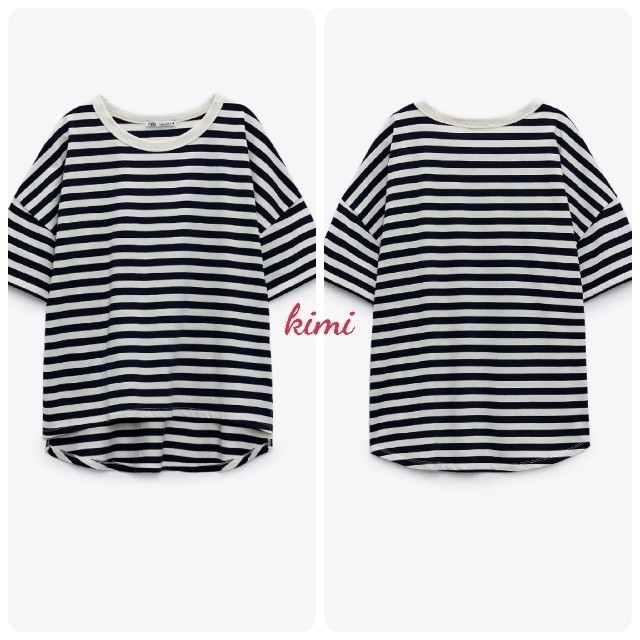 ZARA(ザラ)のZARA　(L)　アシンメトリーオーバーサイズTシャツ　ストライプ 　ボーダー レディースのトップス(Tシャツ(半袖/袖なし))の商品写真