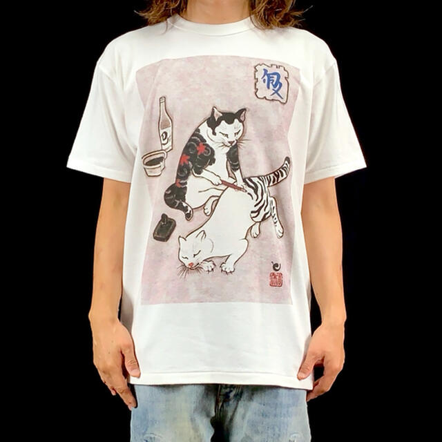 新品 ビッグプリント 浮世絵 刺青 ゼブラタトゥー 和彫り師 ネコ 猫 Tシャツ