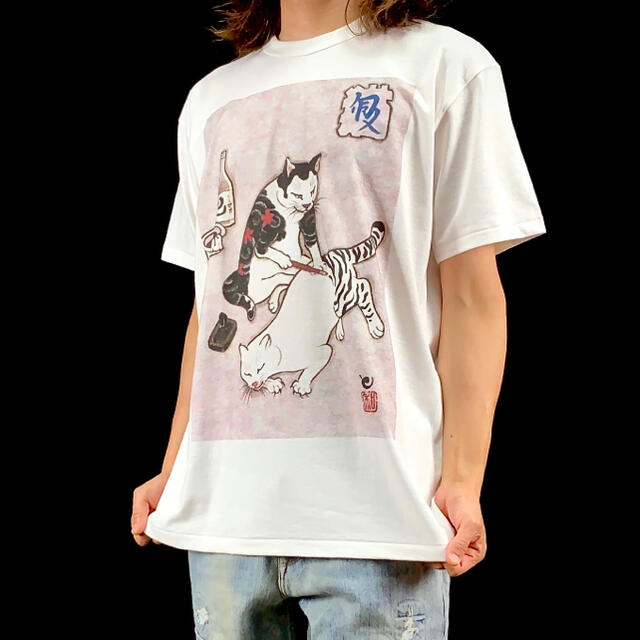 新品 ビッグプリント 浮世絵 刺青 ゼブラタトゥー 和彫り師 ネコ 猫 Tシャツ 2